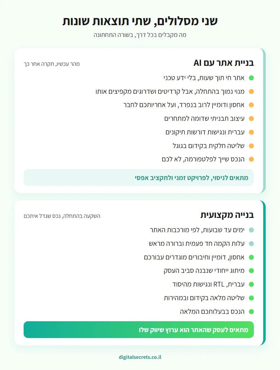 בניית אתר עם AI מול בנייה מקצועית: מה נכון לעסק שלכם? 1 טבלת השוואה בין בניית אתר עם AI לבנייה מקצועית: זמן הקמה, עלות אמיתית, עברית ונגישות, שליטה בקידום ובעלות על הנכס