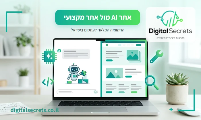 המחשה של ההשוואה בין בניית אתר עם AI לבנייה מקצועית, מחשב נייד מציג עוזר AI שבונה אתר מול אתר עסקי מלוטש