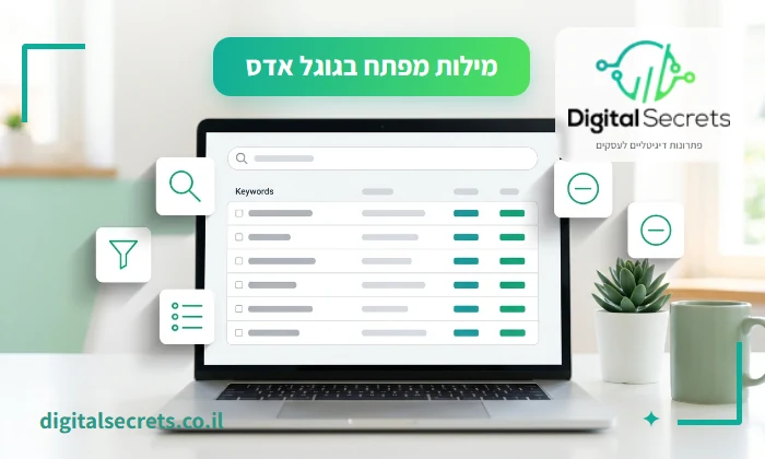המחשה של עבודה על מילות מפתח בגוגל אדס, מסך מחקר מילים עם אייקוני סינון וחסימה