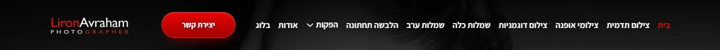 הדר האתר בדסקטופ עם לוגו, תפריט ניווט וכפתור יצירת קשר, לירון אברהם צלם