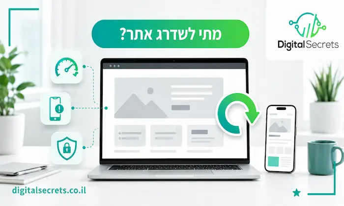 המחשה של אתר מיושן עם סימנים לצורך בשדרוג כמו טעינה איטית, בעיות במובייל ואבטחה