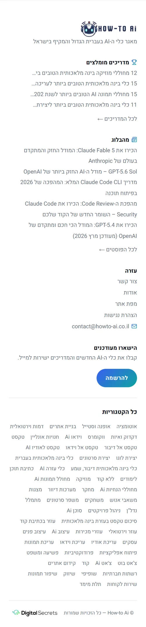 פוטר טלפון בטור אחד עם מדריכים, בלוג ורשימת קטגוריות, אתר How-to Ai