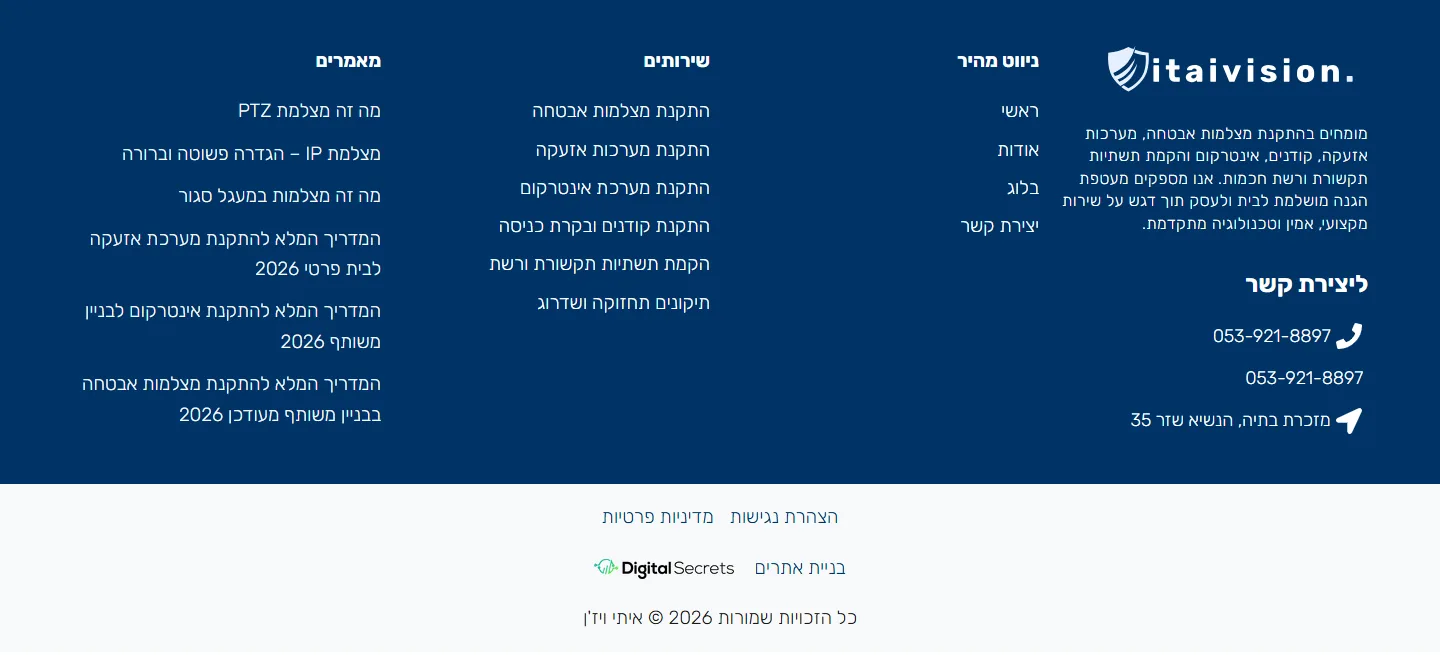 פוטר מחשב כחול כהה עם פרטי קשר, רשימת שירותים ומאמרים, אתר איתי ויזן
