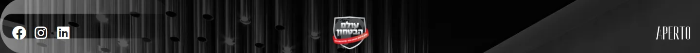 רצועה עליונה עם אייקוני רשתות חברתיות, לוגו עולם הביטחון ומותג אפרטו, דף נחיתה OBH