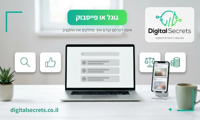 המחשה של מחשב נייד עם עמוד תוצאות חיפוש לצד טלפון עם פיד רשת חברתית, ואייקונים של זכוכית מגדלת, לייק, מאזניים ומטבעות